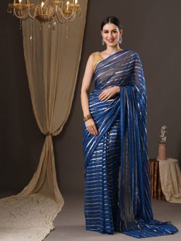 Akhilam - Womens Nylon Blue Printed Designer Saree with Unstitched Blouse