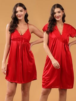 BRACHY - Bridal Red Satin Lace Lingerie Babydoll with Robe (Set of 2)