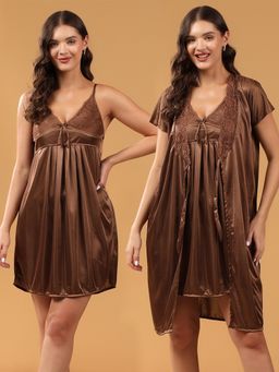 BRACHY - Bridal Brown Satin Lace Lingerie Babydoll with Robe (Set of 2)