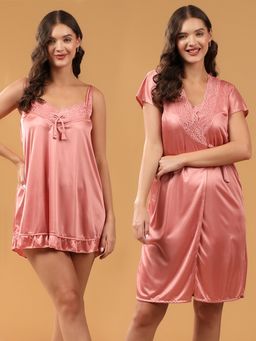 BRACHY - Bridal Peach Satin Lace Lingerie Babydoll with Robe (Set of 2)