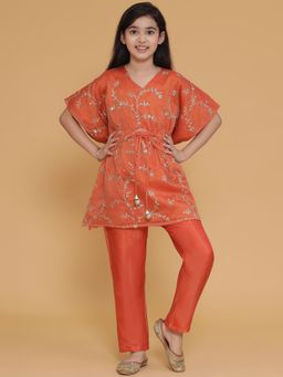 PICCOLO - Orange Embroidered Tissue Kaftan with Pant