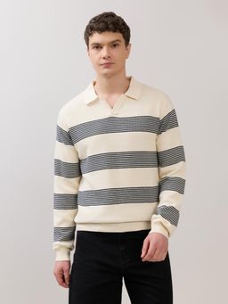 Espanshe - Sepia - Regular Striped Full Sleeve Polo T-Shirt - Cream