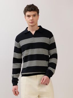 Espanshe - Sepia - Regular Striped Full Sleeve Polo T-Shirt - Black