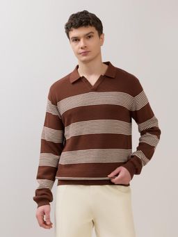 Espanshe - Sepia - Regular Striped Full Sleeve Polo T-Shirt - Brown