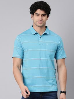 Classic Polo - Men Blue Polo Neck Authentic Fit Striped Cotton Blend T-Shirt