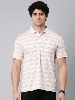 Classic Polo - Men Beige Polo Neck Authentic Fit Striped Cotton Blend T-Shirt