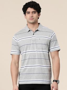 Classic Polo - Men Grey Polo Neck Authentic Fit Striped Cotton Blend T-Shirt
