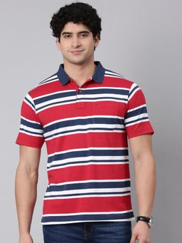 Classic Polo - Men Red Polo Neck Authentic Fit Striped Cotton Blend T-Shirt