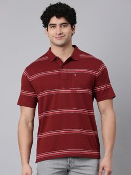Classic Polo - Men Maroon Polo Neck Authentic Fit Striped Cotton Blend T-Shirt