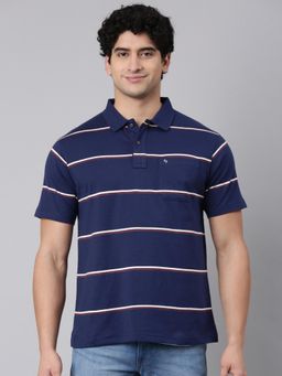 Classic Polo - Men Navy Blue Polo Neck Authentic Fit Striped Cotton Blend T-Shirt