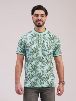 Classic Polo - Men Green Mandarin Neck Slim Fit All-Over Print Cotton T-Shirt