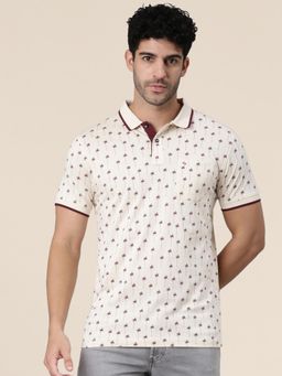 Classic Polo - Men Off White Polo Neck Slim Fit All-Over Print Cotton T-Shirt