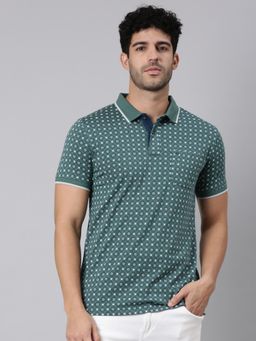 Classic Polo - Men Green Polo Neck Slim Fit All-Over Print Cotton T-Shirt