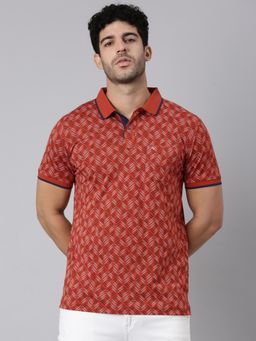 Classic Polo - Men Half Sleeve Rust Polo Neck Slim Fit All-Over Print Cotton T-Shirt