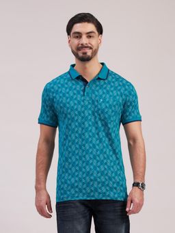 Classic Polo - Men Teal Polo Neck Slim Fit All-Over Print Cotton T-Shirt