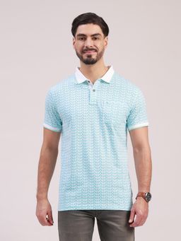 Classic Polo - Men Blue Polo Neck Slim Fit All-Over Print Cotton T-Shirt