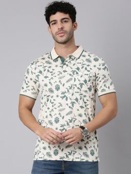 Classic Polo - Men Cream Polo Neck Slim Fit All-Over Print Cotton T-Shirt