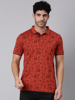 Classic Polo - Men Half Sleeve Rust Polo Neck Slim Fit All-Over Print Cotton T-Shirt