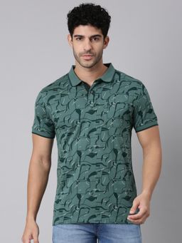 Classic Polo - Men Dark Green Polo Neck Slim Fit All-Over Print Cotton T-Shirt
