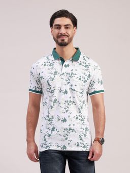 Classic Polo - Men White Polo Neck Slim Fit All-Over Print Cotton T-Shirt