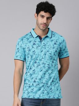 Classic Polo - Men Half Sleeve Blue Polo Neck Slim Fit All-Over Print Cotton T-Shirt