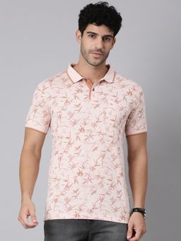 Classic Polo - Men Half Sleeve Peach Polo Neck Slim Fit All-Over Print Cotton T-Shirt
