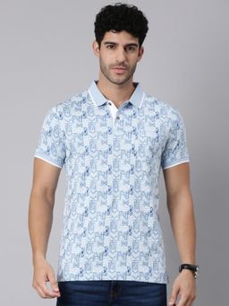 Classic Polo - Men Blue Polo Neck Slim Fit All-Over Print Cotton T-Shirt