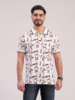 Classic Polo - Men White Polo Neck Slim Fit All-Over Print Cotton T-Shirt