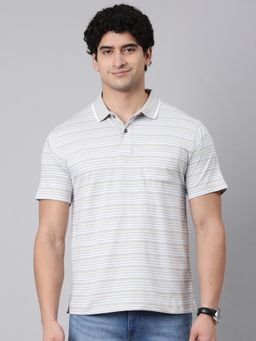 Classic Polo - Men Grey/White Polo Neck Authentic Fit Striped Cotton Blend T-Shirt