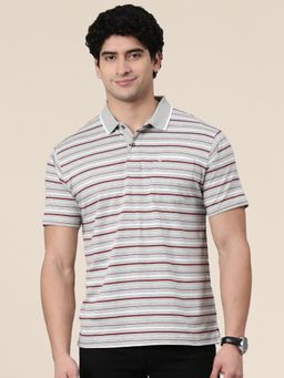 Classic Polo - Men Grey/Maroon Polo Neck Authentic Fit Striped Cotton Blend T-Shirt