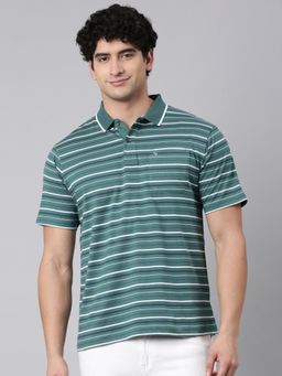 Classic Polo - Men Green/White Polo Neck Authentic Fit Striped Cotton Blend T-Shirt
