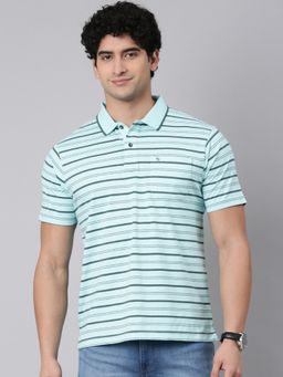 Classic Polo - Men Light Green Polo Neck Authentic Fit Striped Cotton Blend T-Shirt