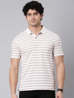 Classic Polo - Men White Polo Neck Authentic Fit Striped Cotton Blend T-Shirt