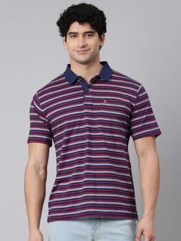 Classic Polo - Men Navy Blue Polo Neck Authentic Fit Striped Cotton Blend T-Shirt