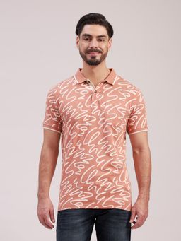 Classic Polo - Men Peach Polo Neck Slim Fit All-Over Print Cotton T-Shirt