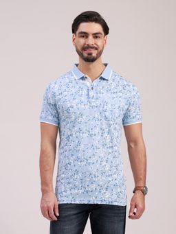 Classic Polo - Men Blue Polo Neck Slim Fit All-Over Print Cotton T-Shirt