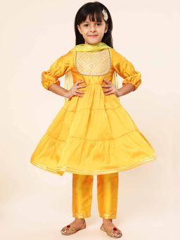 A.T.U.N. - Yellow Girls Embroidered Tiered Anarkali Kurta with Pant & Dupatta (Set of 3)