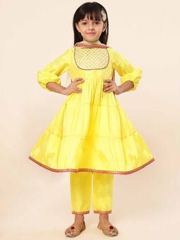 A.T.U.N. - Mustard Girls Embroidered Anarkali Kurta with Pant & Dupatta (Set of 3)