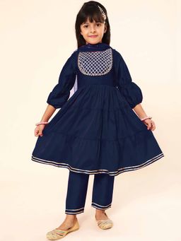 A.T.U.N. - Navy Blue Girls Embroidered Anarkali Kurta with Pant & Dupatta (Set of 3)