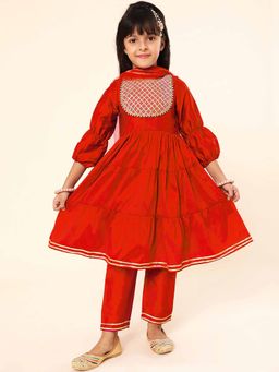 A.T.U.N. - Red Girls Embroidered Tiered Anarkali Kurta with Pant & Dupatta (Set of 3)