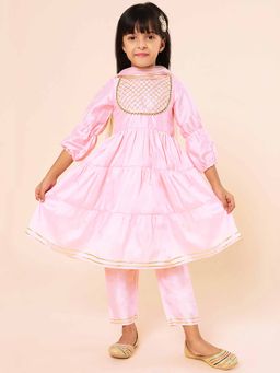 A.T.U.N. - Pink Girls Embroidered Tiered Anarkali Kurta with Pant & Dupatta (Set of 3)