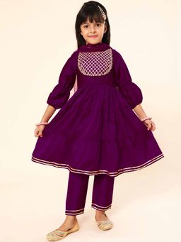 A.T.U.N. - Wine Girls Embroidered Tiered Anarkali Kurta with Pant & Dupatta (Set of 3)