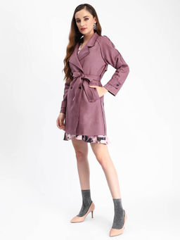 Madame - Belted Lapel Notch Collar Mauve Long Blazer with Belt (Set of 2)