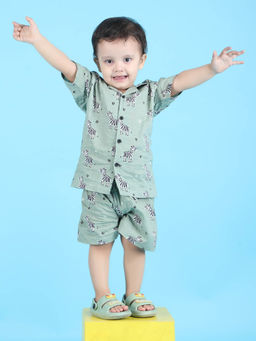 Polka Tots - Green Cotton Printed Half Sleeve Boys Shirt with Shorts( Set of 2)
