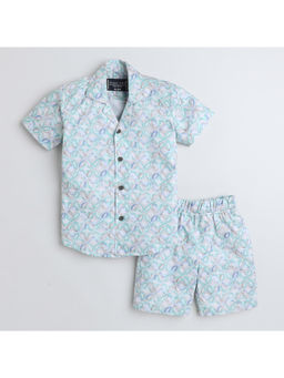 Polka Tots - Blue Cotton Abstract Printed Half Sleeve Boys Shirt with Shorts( Set of 2)