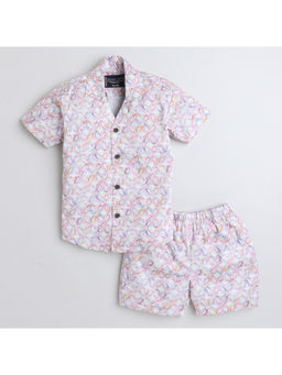 Polka Tots - Pink Cotton Printed Half Sleeve Boys Shirt with Shorts( Set of 2)