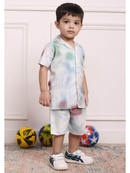 Polka Tots - White Cotton Tie & Dye Half Sleeve Boys Shirt with Shorts( Set of 2)