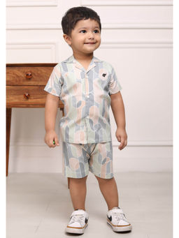 Polka Tots - Grey Cotton Printed Half Sleeve Boys Shirt with Shorts( Set of 2)