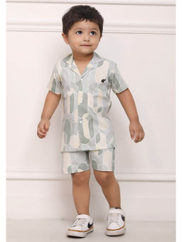 Polka Tots - Green Cotton Printed Half Sleeve Boys Shirt with Shorts( Set of 2)