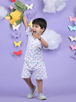 Polka Tots - Purple Cotton Geometric Half Sleeve Boys Shirt with Shorts( Set of 2)